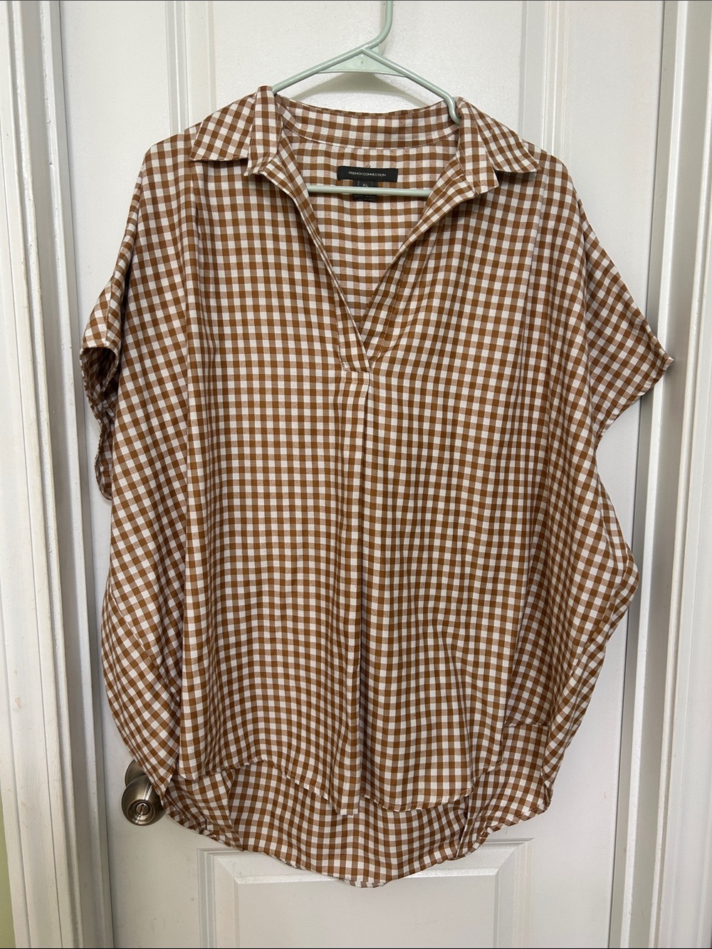 French Connection Brown and White Gingham Short-Sleeve Button-Down